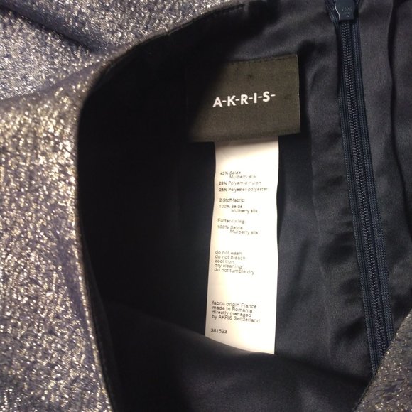 ❤️AKRIS Blue Gray Metallic Half Sleeve Textured Silk Knee Cocktail Dress 12 - Picture 4 of 6